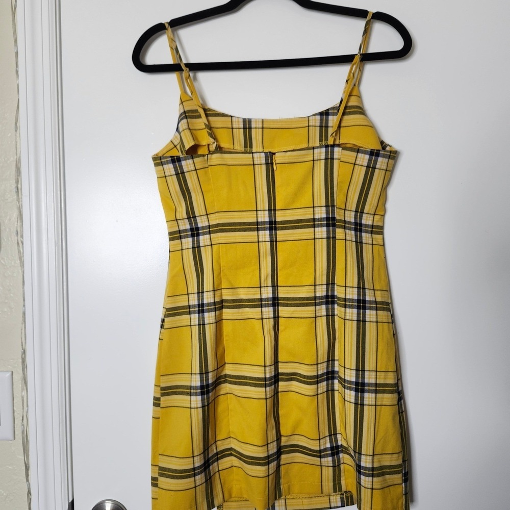 Forever 21 Yellow Plaid Mini Dress Medium 90s Bodycon Spaghetti Strap Clueless - Picture 6 of 11